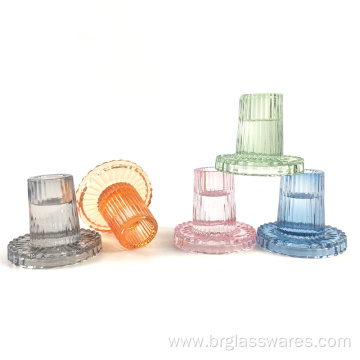 Colored Glass Taper Candle Holder With ribbed Design